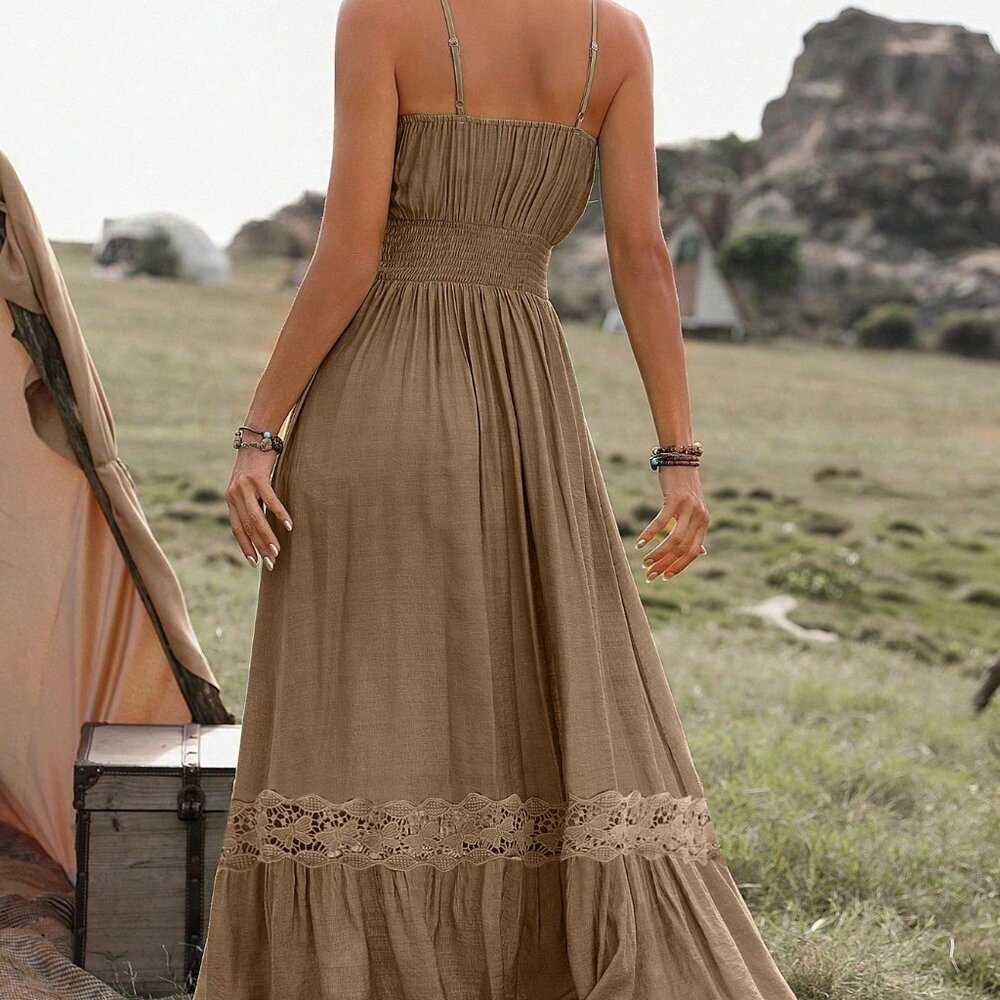 Khaki Casual Women's Contrast Lace Ruffle Hem Cami Maxi Sundress - Picture 2 of 5